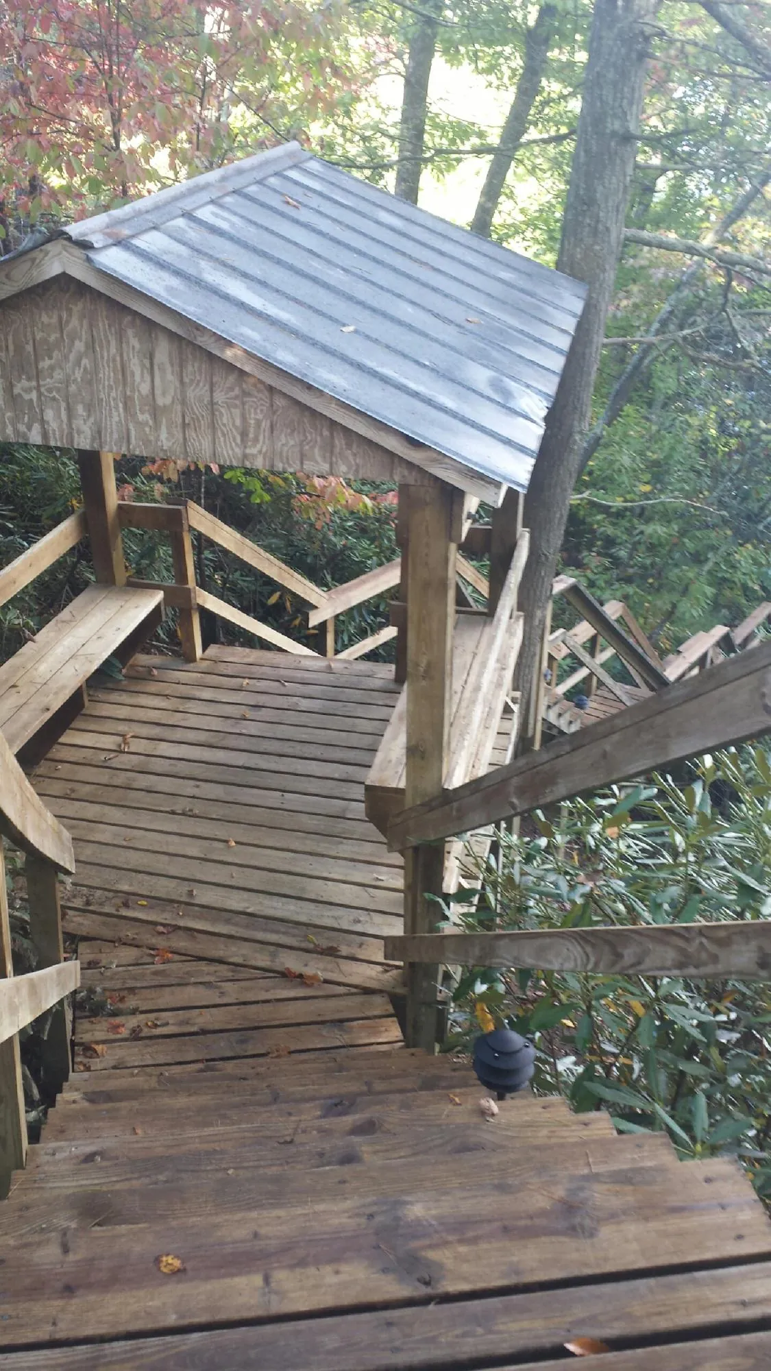 Metal roofed shelter over wooden steps on a wooded walkway — Skylight Repair & Installation work by our crew in Drayton